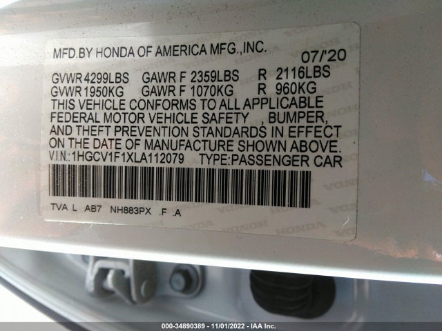 2020 HONDA ACCORD SEDAN LX VIN: 1HGCV1F1XLA112079