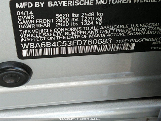 2015 BMW 6 Series, VIN: WBA6B4C53FD760683
