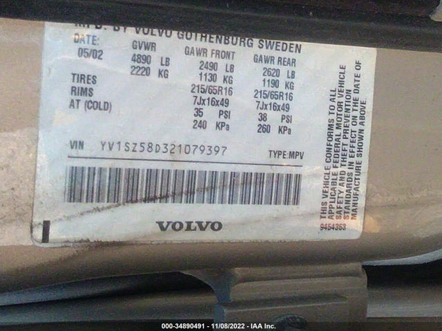 2002 VOLVO V70 VIN: YV1SZ58D321079397