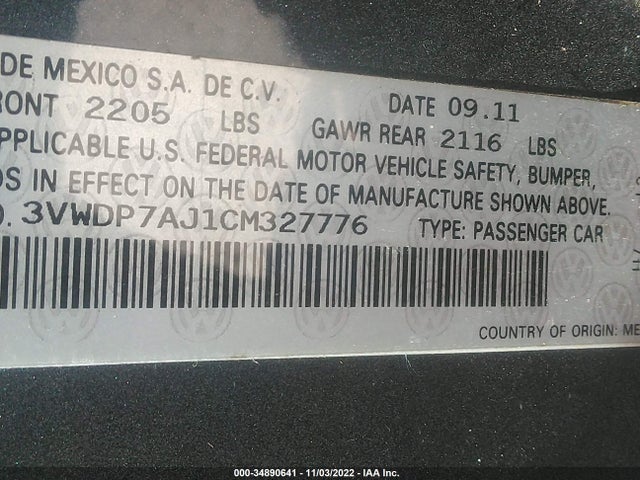 2012 VOLKSWAGEN JETTA SEDAN SE W VIN: 3VWDP7AJ1CM327776