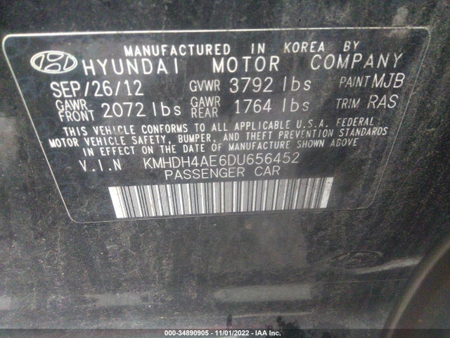 2013 HYUNDAI ELANTRA GLS PZEV VIN: KMHDH4AE6DU656452