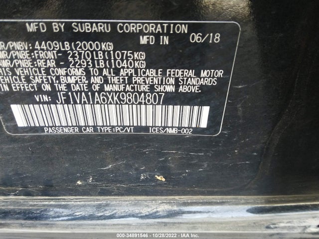 Subaru WRX 2019 JF1VA1A6XK9804807 Image 11