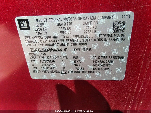 2017 GMC TERRAIN SLE VIN: 2GKALMEK5H6233781