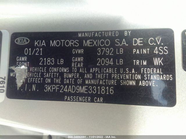 3KPF24AD9ME331816 KIA Forte Lxs
