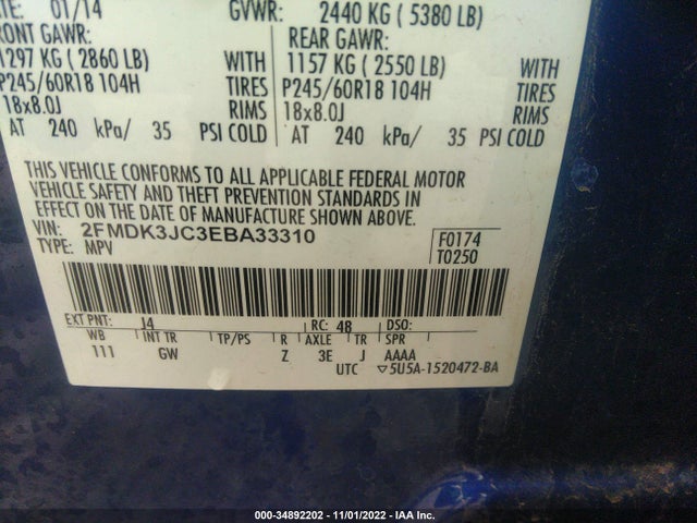 2014 FORD EDGE SEL VIN: 2FMDK3JC3EBA33310