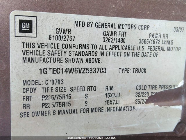 GMC SIERRA 1500 1997 1GTEC14W6VZ533703 Image 9
