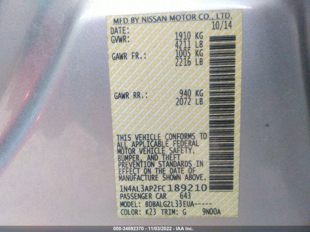 2015 NISSAN ALTIMA 2.5 S VIN: 1N4AL3AP2FC189210