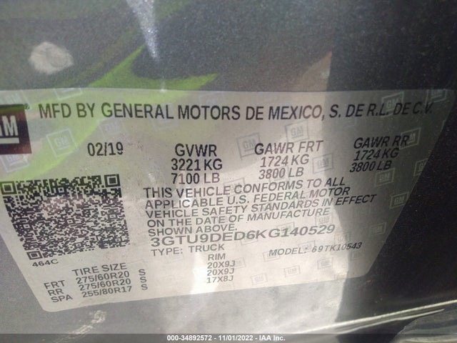 2019 GMC Sierra 1500, VIN: 3GTU9DED6KG140529