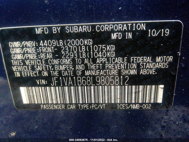 2020 Subaru WRX, VIN: JF1VA1B68L9805812