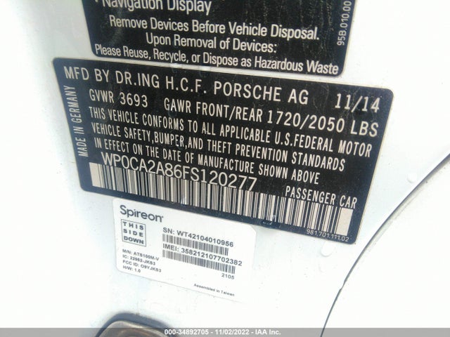 2015 Porsche Boxster, VIN: WP0CA2A86FS120277