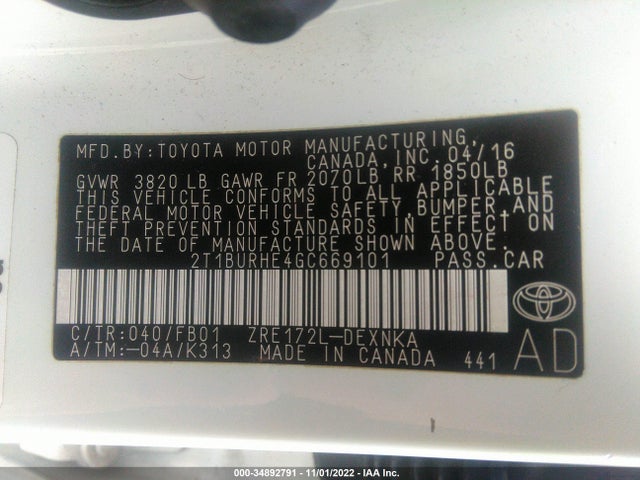 2016 TOYOTA COROLLA L/LE/S/S PLUS/LE PLUS VIN: 2T1BURHE4GC669101