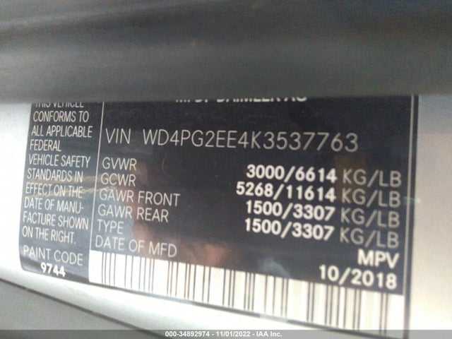 2019 Mercedes-Benz Metris, VIN: WD4PG2EE4K3537763