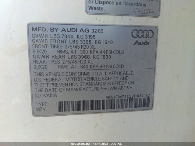 2009 AUDI Q7 PREMIUM PLUS VIN: WA1CM74L39D034187