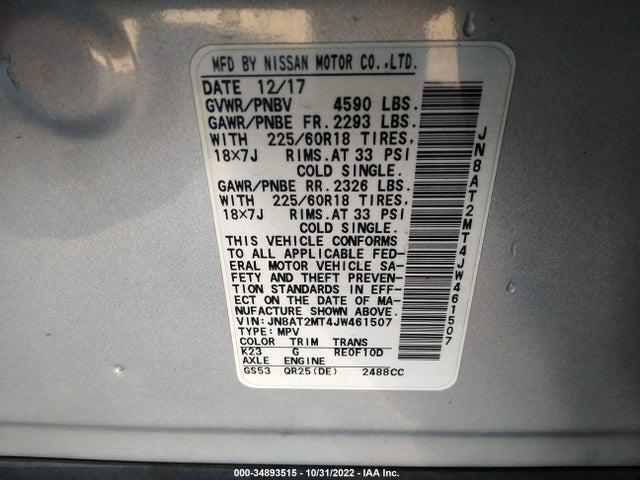 2018 NISSAN ROGUE SL VIN: JN8AT2MT4JW461507