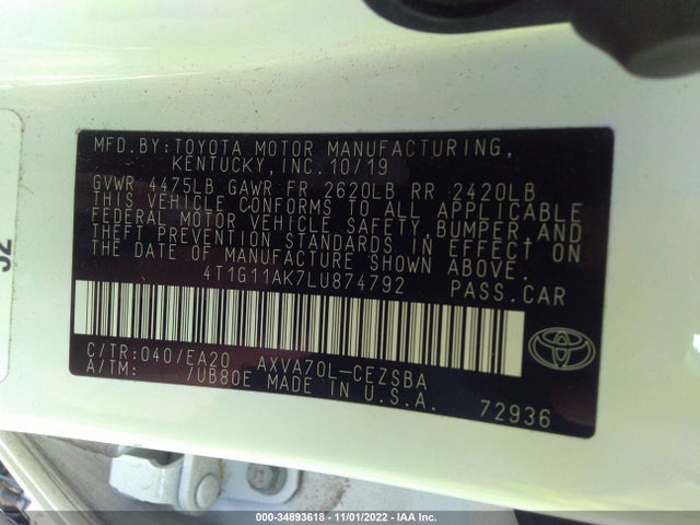 2020 Toyota Camry, VIN: 4T1G11AK7LU874792