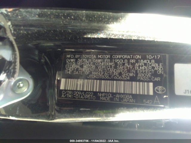 2018 Toyota Prius, VIN: JTDKDTB36J1606324