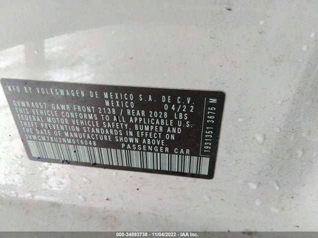 2022 Volkswagen Jetta, VIN: 3VWCM7BU2NM016048