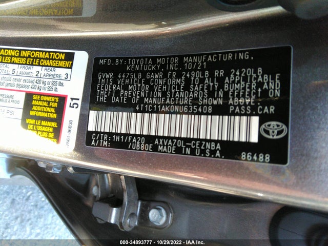2022 Toyota Camry, VIN: 4T1C11AK0NU635408