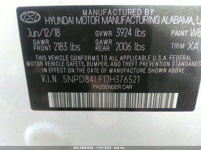 2018 HYUNDAI ELANTRA SEL VIN: 5NPD84LF1JH376521