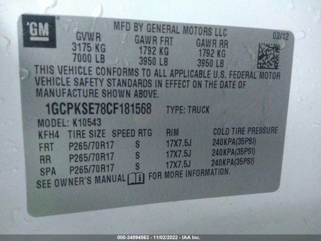 2012 CHEVROLET SILVERADO 1500 LT VIN: 1GCPKSE78CF181568