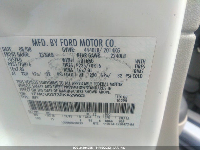 2009 FORD ESCAPE XLS VIN: 1FMCU02739KA29923