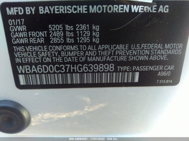 2017 BMW 6 Series, VIN: WBA6D0C37HG639898