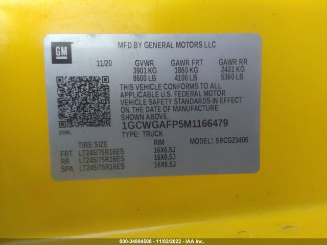 2021 CHEVROLET EXPRESS CARGO VAN VIN: 1GCWGAFP5M1166479