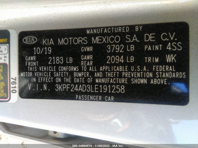 3KPF24AD3LE191258 KIA Forte Lxs