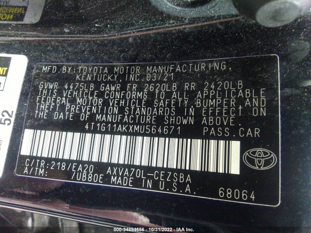 Toyota CAMRY SE 2021 4T1G11AKXMU564671 Image 9
