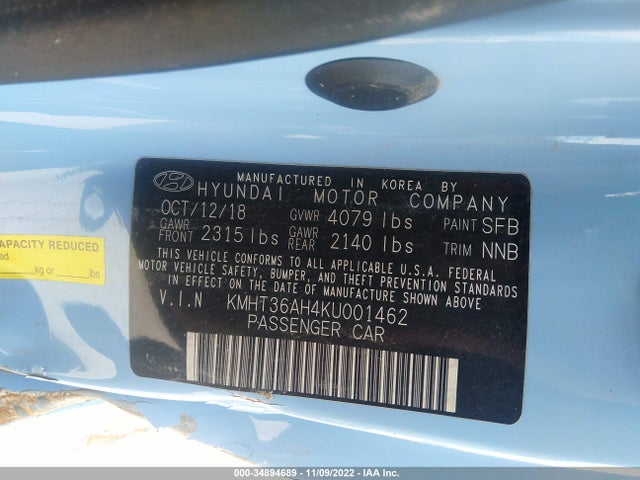 2019 Hyundai Veloster, VIN: KMHT36AH4KU001462