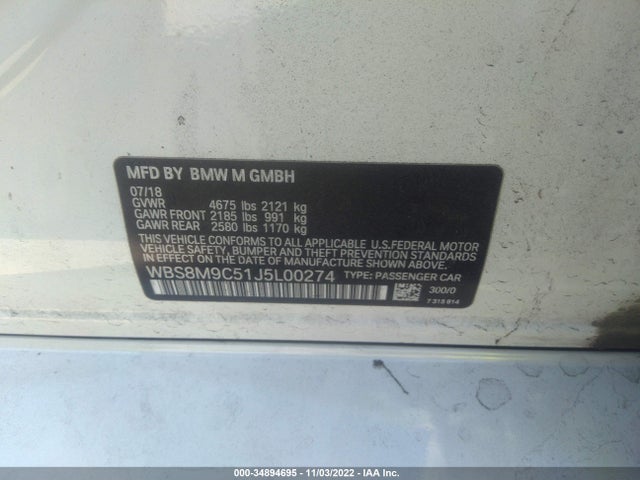 2018 BMW M3, VIN: WBS8M9C51J5L00274