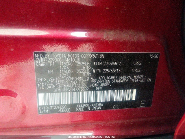 2021 Toyota RAV4, VIN: JTMH1RFV5MD073502