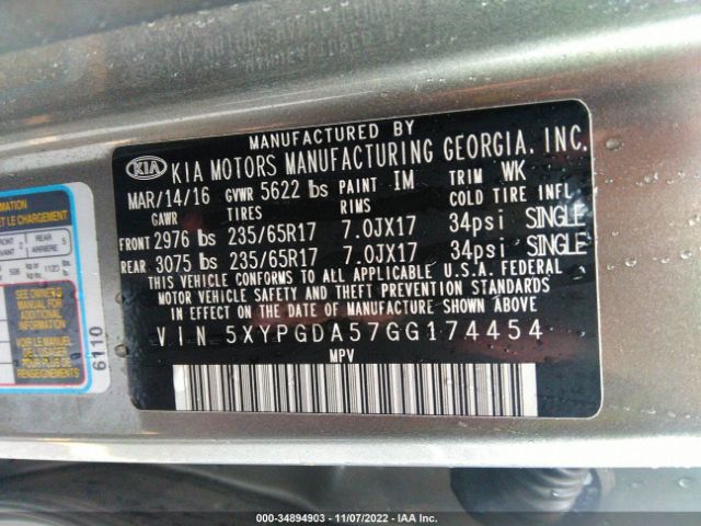 5XYPGDA57GG174454 KIA SORENTO LX