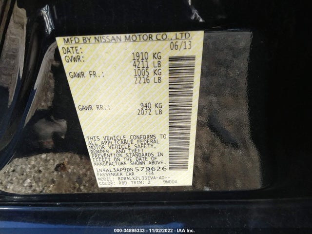 2013 NISSAN ALTIMA 2.5 SL VIN: 1N4AL3AP9DN579626