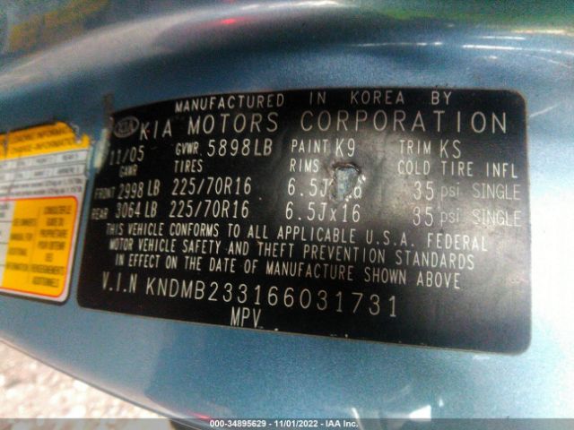 KNDMB233166031731 KIA Sedona Lx/ex