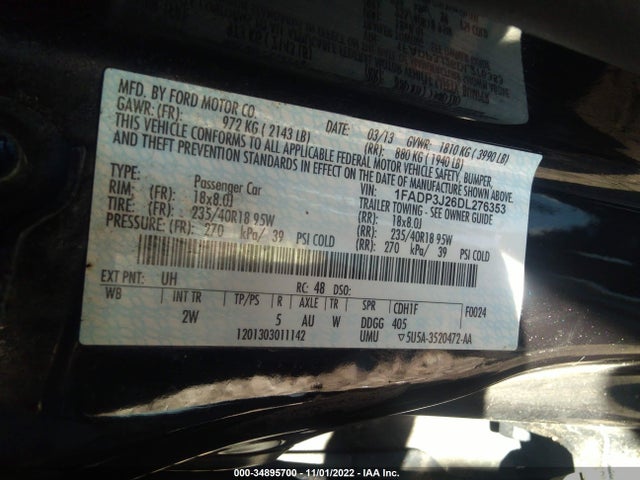 2013 FORD FOCUS TITANIUM VIN: 1FADP3J26DL276353