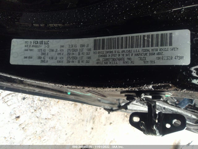 2019 Ram 1500 Big Horn/lone Star მანქანა იყიდება აუქციონზე, vin: 1C6RREFT9KN740476, აუქციონის ნომერი: 34895786
