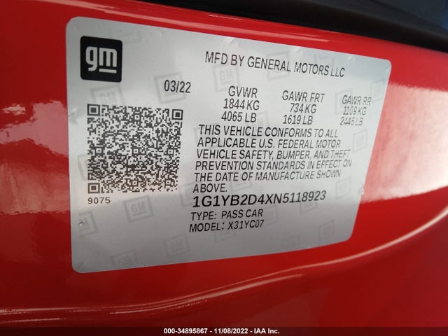 2022 Chevrolet Corvette, VIN: 1G1YB2D4XN5118923