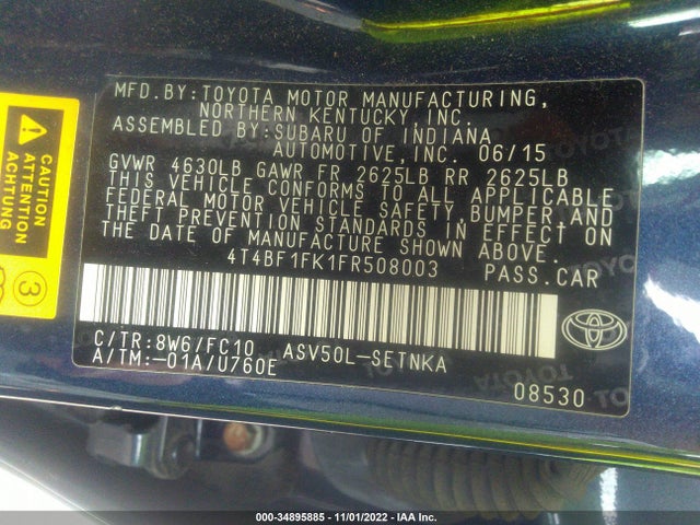 2015 TOYOTA CAMRY XLE/SE/LE/XSE VIN: 4T4BF1FK1FR508003