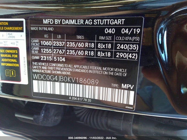 WDC0G4JB0KV186089 Mercedes-Benz m274