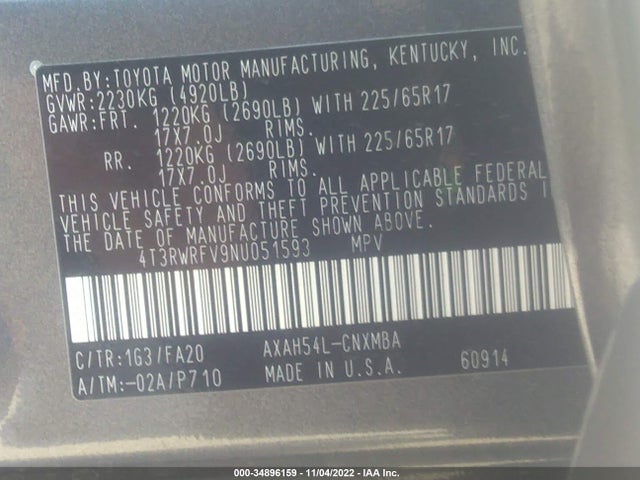 2022 Toyota RAV4, VIN: 4T3RWRFV9NU051593