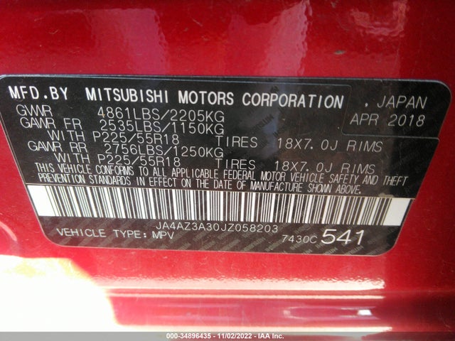 2018 Mitsubishi Outlander, VIN: JA4AZ3A30JZ058203