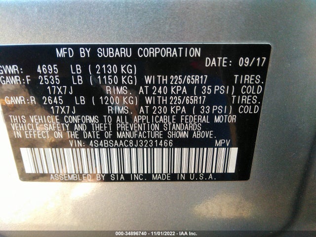 2018 Subaru Outback, VIN: 4S4BSAAC8J3231466