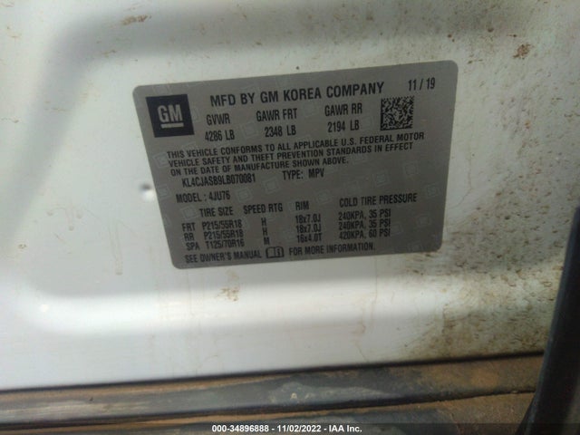 KL4CJASB9LB070081 Buick luv: mfi, variable valve timing, alum, e85 max