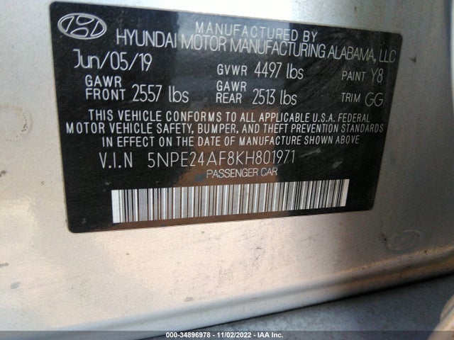 2019 HYUNDAI SONATA SE VIN: 5NPE24AF8KH801971