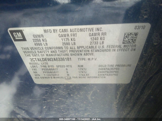 2010 GMC TERRAIN SLE-2 VIN: 2CTALDEW2A6336181