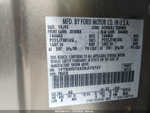 2002 FORD F-150 XLT/LARIAT/KING RANCH VIN: 1FTRW076X2KA70757