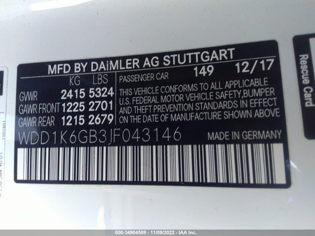 2018 Mercedes-Benz E-Class, VIN: WDD1K6GB3JF043146