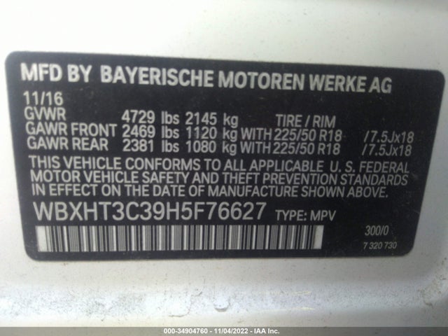 2017 BMW X1, VIN: WBXHT3C39H5F76627