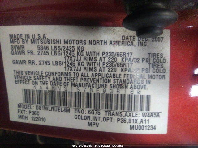 4A4MN31S78E038160 Mitsubishi Endeavor Se